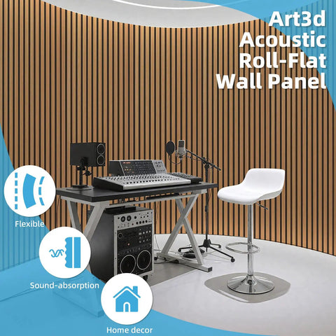 Roll Flexible Acoustic Wood Slat Wall Panels Teak Finish Sound Absorbing Polyester Felt Backing in music studio decor.