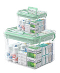 Grab And Go See Through Medicine Storage Box Set With Lids 2 Pack Portable First Aid Organizer With Handle Stackable Medical Supply Storage For Family Home Office Bathroom Bedroom Green, clear plastic boxes stacked