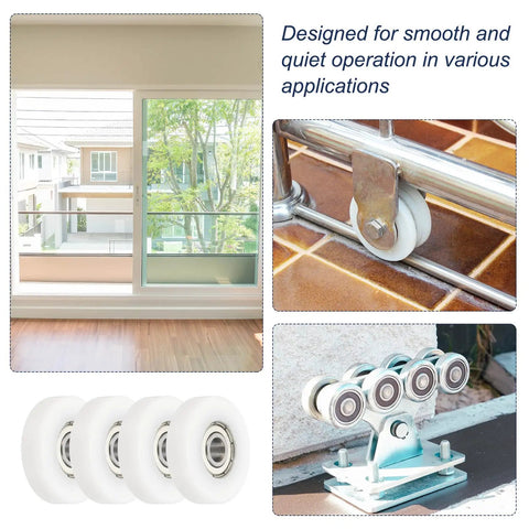 Meccanixity 4 Pack White Roller Idler Bearing Pulley, 8 X 40 X 10mm, shown in use on sliding track and as a set of four wheels.