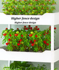 Hydroponics Growing System With Vertical Raised Garden Bed on Wheels, 3-layer white unit with plants, fence design detail