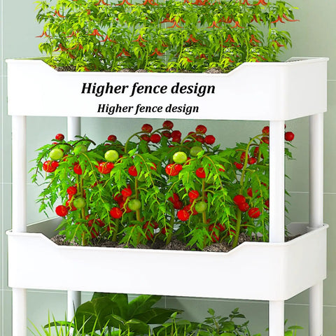 Hydroponics Growing System With Vertical Raised Garden Bed on Wheels, 3-layer white unit with plants, fence design detail