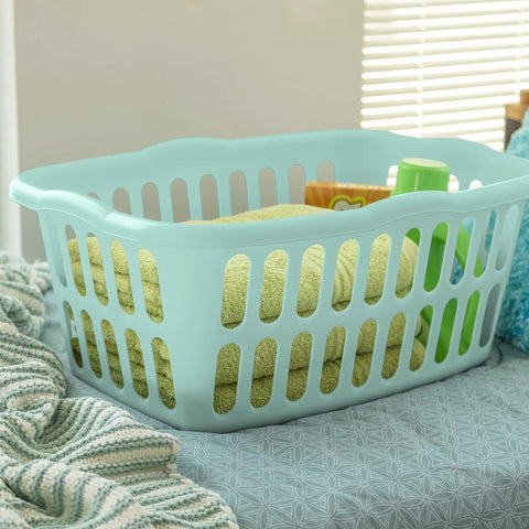 One And A Half Bushel Rectangular Laundry Basket Set In White And Aqua, 12 Pack, Lightweight Durable Plastic Bins With Contoured Grip Handles And Large Ventilation Holes To Cut Odors, Easy Carry For Laundry Day
