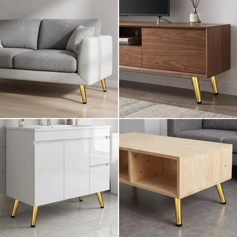 Heavy Duty 4 Inch Furniture Legs Set of 4 in Satin Gold on sofa, TV stand, cabinet, and table, supports Up to 500 Lbs