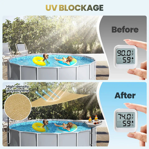 Above Ground Pool Shade Kit With Storage Tray, UV Resistant Shade Sail for 15 to 22 Ft Pools showcasing UV blockage before and after
