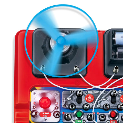Hands On Real Circuit Wiring Kit For Kids With LED Lights And A Flying Fan Fun 18 Cool STEM Experiments For Boys And Girls 8 And Up Premium Wires No Cheap Snap Circuits Learn Real Electronics By Building, blue fan module close-up