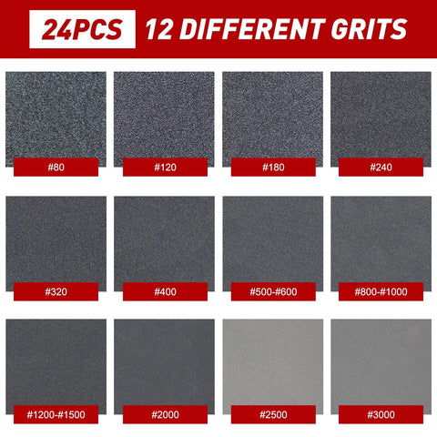 24-piece sanding sponge set with 12 grits from #80 to #3000; washable, reusable sanding blocks.