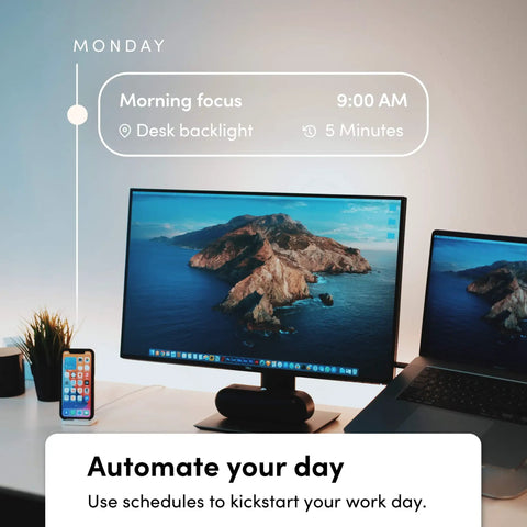 Smart LED Light Strip Bundle illuminating a desk setup with 120 Inch Main Strip and Two 40 Inch Extensions displaying scheduling scene.