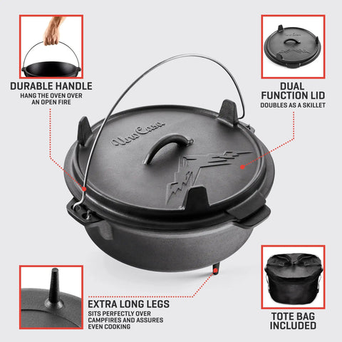 Close-up of Six Quart Cast Iron Camping Dutch Oven With Lid Lifter And Storage Bag For Campfire Cooking Stews and Baking