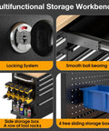 Top Shelf 72 Inch Rolling Tool Chest With 10 Smooth Drawers Solid Rubber Wood Top Mobile Workstation Featuring Built In Power Strip And Secure Locking System For Garage Pro Rigs showing locking system, smooth ball bearing, side storage box and sliding storage.