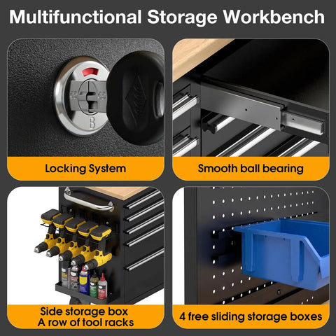 Top Shelf 72 Inch Rolling Tool Chest With 10 Smooth Drawers Solid Rubber Wood Top Mobile Workstation Featuring Built In Power Strip And Secure Locking System For Garage Pro Rigs showing locking system, smooth ball bearing, side storage box and sliding storage.