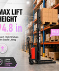 Heavy Duty Electric Pallet Stacker Delivering 3300 Lbs Capacity and Zero Sweat Hauling for Busy Warehouse Floors at 94.8 in lift height.