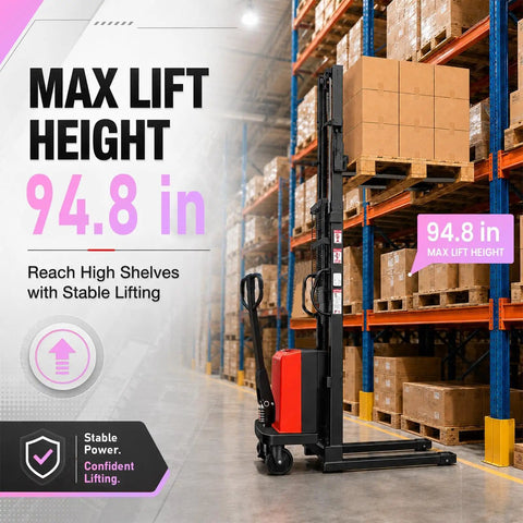 Heavy Duty Electric Pallet Stacker Delivering 3300 Lbs Capacity and Zero Sweat Hauling for Busy Warehouse Floors at 94.8 in lift height.