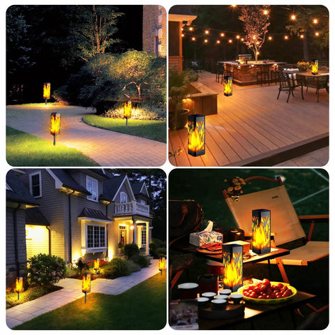 Flickering Flames Pathway Lights Solar Powered Outdoor LED Torches illuminating garden, patio, and yard at night.