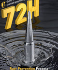 Chrome spike lug nut in water with '72H' text, highlighting rust prevention and salt spray testing for Spike Lug Nuts 32Pcs Set M14x1.5.