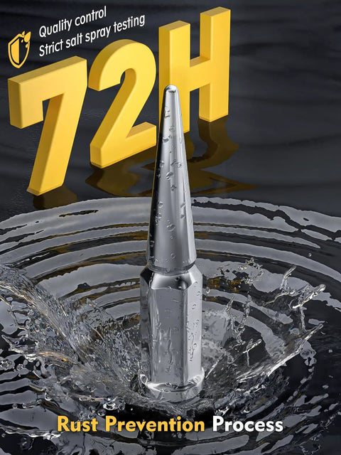 Chrome spike lug nut in water with '72H' text, highlighting rust prevention and salt spray testing for Spike Lug Nuts 32Pcs Set M14x1.5.