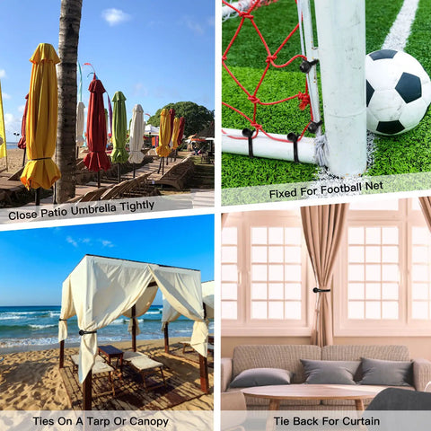 Collage of 8 Inch Bungee Balls With Toggle Locks used on umbrellas, football nets, tarps, and curtains; versatile setup, black color.