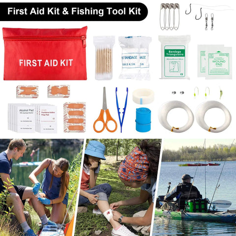 Front view of emergency survival kit with red first aid pouch and assorted medical supplies and tools for camping.
