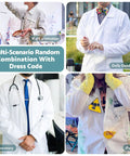 Various angles of men's lab coat long sleeve white laboratory jacket with three pockets durable 35/65 cotton polyester blend in different settings.