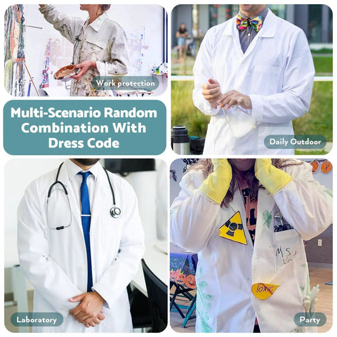 Various angles of men's lab coat long sleeve white laboratory jacket with three pockets durable 35/65 cotton polyester blend in different settings.