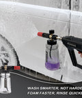 Using Wide Mouth Foam Cannon For Pressure Washer With Thick Snow Foam For Car Wash on white car, showing foam spray effect