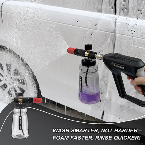 Using Wide Mouth Foam Cannon For Pressure Washer With Thick Snow Foam For Car Wash on white car, showing foam spray effect