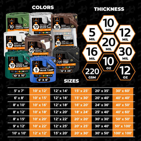 Variety of tarp sizes, colors, and thicknesses including Clear Vinyl Tarp 10 Ft By 15 Ft, Heavy Duty 20 Mil Waterproof PVC options.