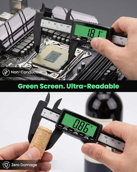 Rechargeable Digital Caliper With USB Charging, 6 Inch Plastic Calipers, Green Screen Display, Go Cordless Fast, No Battery Hassle, Quick 2 Minute Charge Powers A Full 20 Minute Measurement For Months, measuring CPU and cork