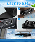 New Upgraded Car Seat Fan That Blows Cold Air For Backseat Cooling With Thirty Degree Adjustable Tilt shown with USB ports and Velcro attachment.