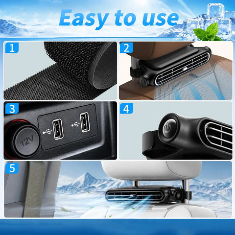 New Upgraded Car Seat Fan That Blows Cold Air For Backseat Cooling With Thirty Degree Adjustable Tilt shown with USB ports and Velcro attachment.
