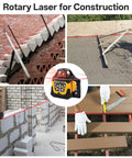 Heavy Duty Self Leveling Rotary Laser With 2000 Ft Range And Built Like A Tank IP66 Waterproof Rating includes images of construction layout.