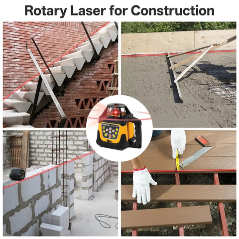 Heavy Duty Self Leveling Rotary Laser With 2000 Ft Range And Built Like A Tank IP66 Waterproof Rating includes images of construction layout.