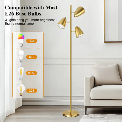 Three Arm Floor Lamp With 360 Degree Adjustable Reading Arms In Brushed Gold Tall Pole Standing Lamp For Living Room Bedroom And Home Office Stand Up Lamp For Cozy Task Lighting next to a beige sofa.