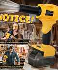 Cordless Leaf Blower Powerhouse With 380W Motor Delivers Up To 100000 RPM And A 47 Meters Per Second Wind Three Speed Settings Ultra Lightweight Handheld Design Ideal For Yard Patio Car Driveway Cleaning Battery Not Included 8 To 21 Volts Compatible shown in workshop with safety notices
