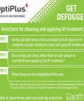 Front view of OptiPlus Anti Fog Lens Wipes packaging with step-by-step directions on green background.