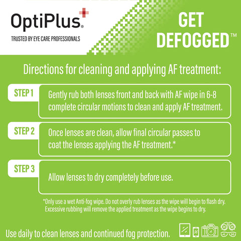 OptiPlus anti-fog lens wipes, two-pack, packaging front with green Step 1–3 cleaning directions