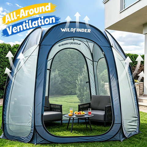 10x10 Pop Up Screen House Tent With Mesh Walls set up on lawn, furniture inside, all-around ventilation feature, for 4-6 people.