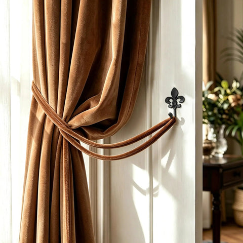 Top Shelf 2 Pack Black Wall Hooks for Kitchen and Bathroom, Vintage Farmhouse Decor, Heavy Duty and Sturdy Coat and Towel Hooks with Classic Matte Finish that brings Badass Charm to any Room, featuring a brown curtain tied with a black wall hook.