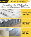 Sheet metal options including 18 gauge cold-rolled steel, 30 gauge galvanized and stainless steel for Pro Grade 3 Inch Sheet Metal Hand Seamer Tool