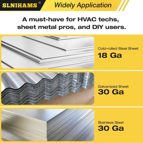 Sheet metal options including 18 gauge cold-rolled steel, 30 gauge galvanized and stainless steel for Pro Grade 3 Inch Sheet Metal Hand Seamer Tool