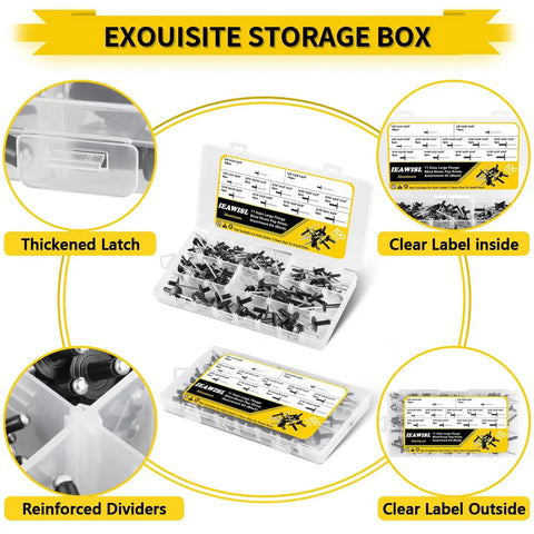 All In One Aluminum Pop Rivet Kit 100 Pcs Large Flange Blind Rivets Assortment storage box with dividers and labels visible