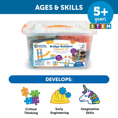 STEM Explorers Bridge Builders Classroom Set For Kids 5 And Up 305 Piece Totally Hands On Engineering Kit in storage box with skills chart