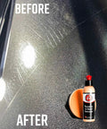 Car hood before and after using Scratch And Swirl Remover Hand Correction Kit For Cars With Orange Compound Pad Applicator