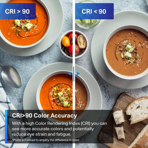 Comparison of two bowls of soup with Smart RGBW A19 Bulbs With 16 Million Colors And Dimmable White Tunable 2500K To 6500K 800 Lumen CRI Over 90.