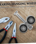 Heavy Duty Double Bearing Sliding Door Pulley Kit Built Tough To Roll Like Butter On Any Barn Door Track Or Closet Setup With Premium Stainless Steel Caster Wheels with tools on wooden surface.