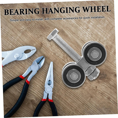 Heavy Duty Double Bearing Sliding Door Pulley Kit Built Tough To Roll Like Butter On Any Barn Door Track Or Closet Setup With Premium Stainless Steel Caster Wheels with tools on wooden surface.