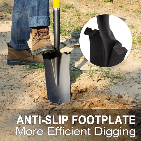 Heavy Duty Digging Shovel With Fiberglass Handle 58 Inch Length For Quick Dirt Penetration High Carbon Steel Blade in use