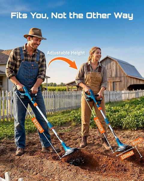 People using Cordless Tiller Cultivator For Gardening, 20V With Dual 4Ah Batteries, 9 Inch Tilling Width And 6.6 Inch Depth