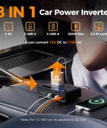 200W Car Power Inverter Featuring Rapid USB C Fast Charging And Dual AC Outlets with multiple charging options on a car seat.