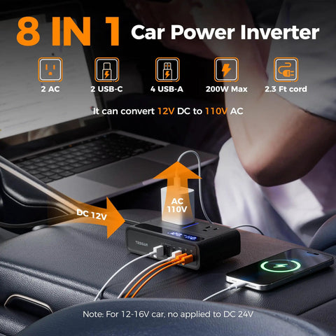 200W Car Power Inverter Featuring Rapid USB C Fast Charging And Dual AC Outlets with multiple charging options on a car seat.