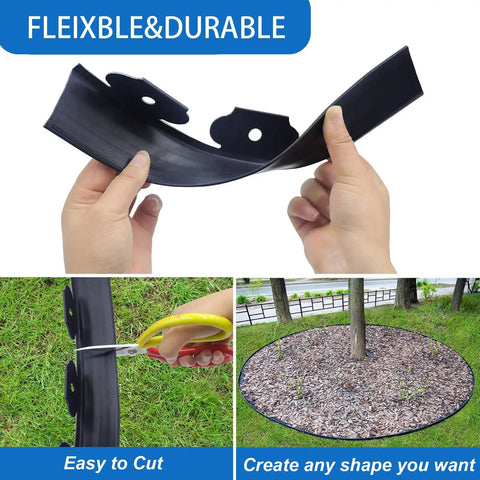 33 Ft Flexible Paver Edging Kit With 30 Rust-Resistant Stakes, 4 Inch Lawn Border shown bent, cut, and used around a tree.